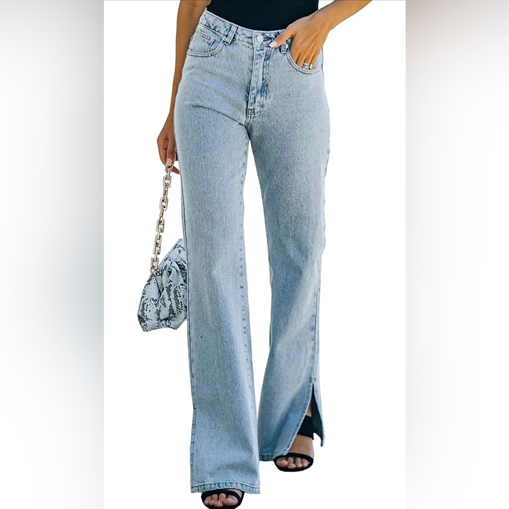 Casual High Waisted Flare Jeans Wide Leg Slit Ankle Bell Bottom Denim Pants